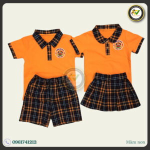 Đồng phục mầm non cổ trụ thun và karo màu cam