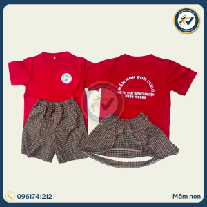 đồng phục mầm non cổ tròn phối karo