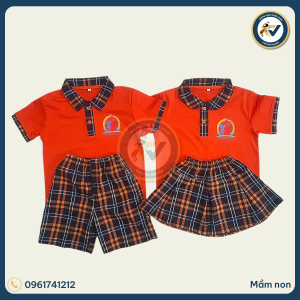 đồng phục mầm non cổ trụ caro màu cam tươi