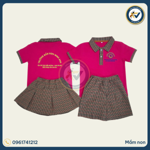 đồng phục mầm non cổ trụ phối màu hồng caro